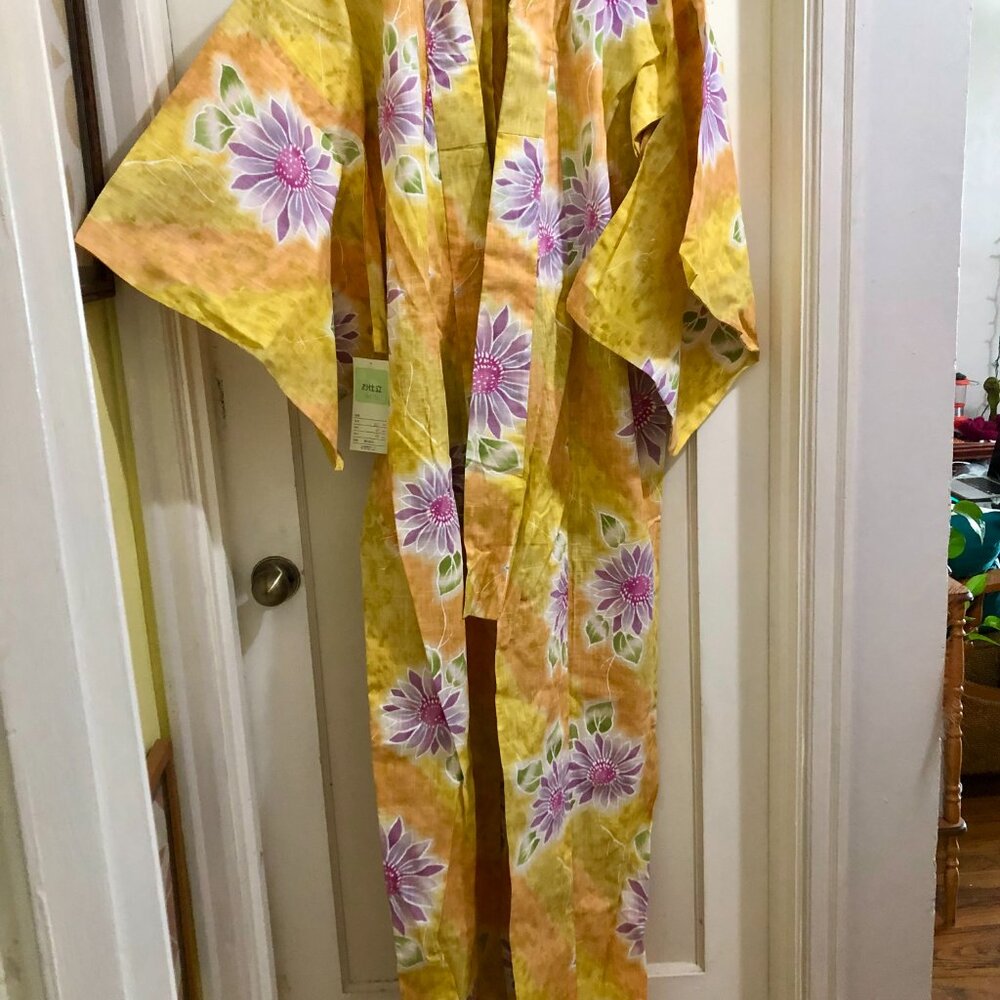 Authentic Yellow floral Yukata, Obis, and shoes. Made in Japan